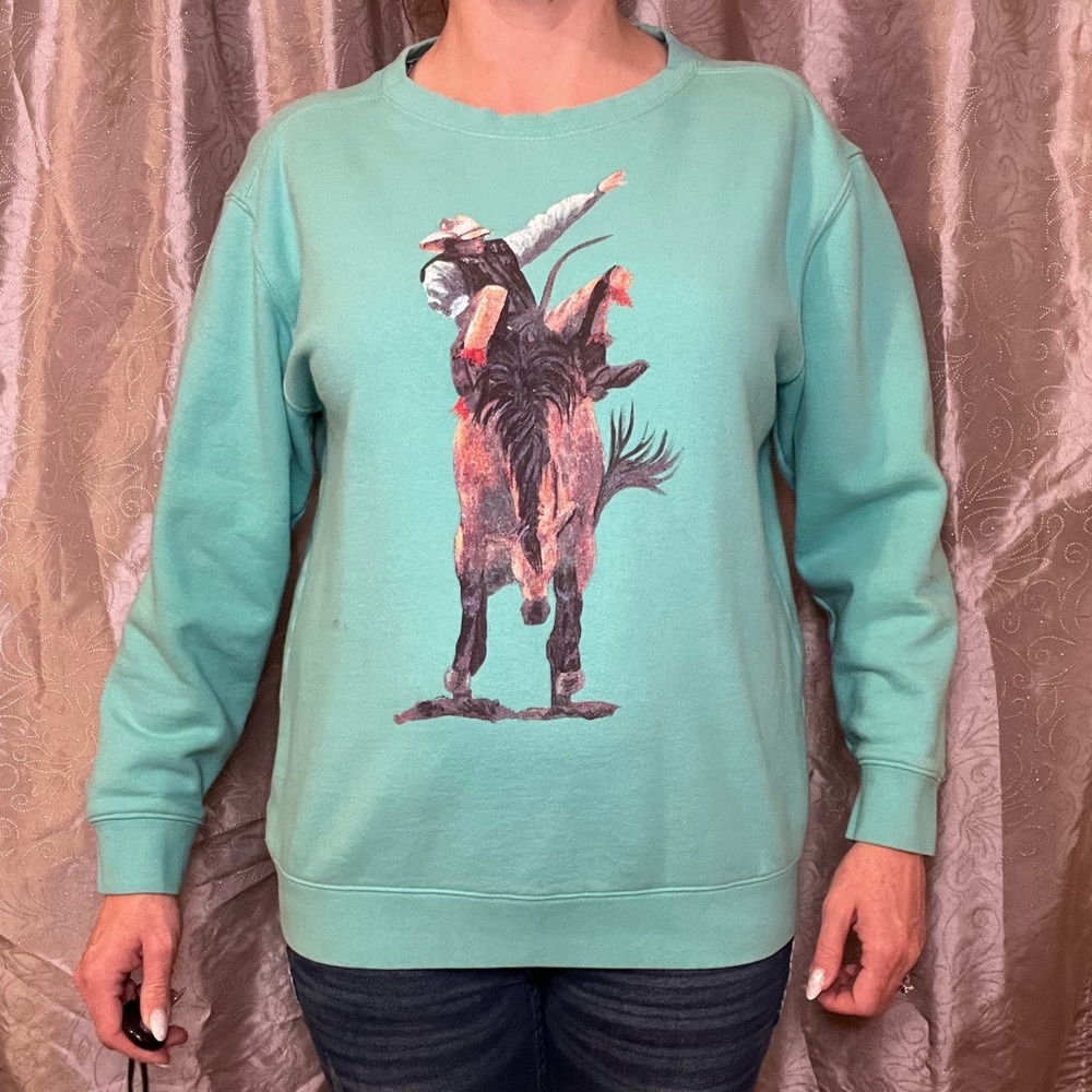 Turq sweater ranch bronc design
